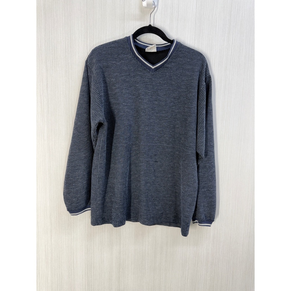 Vintage Wooden Dog Mens Blue Waffle Knit V-Neck Pullover Sweater L/S